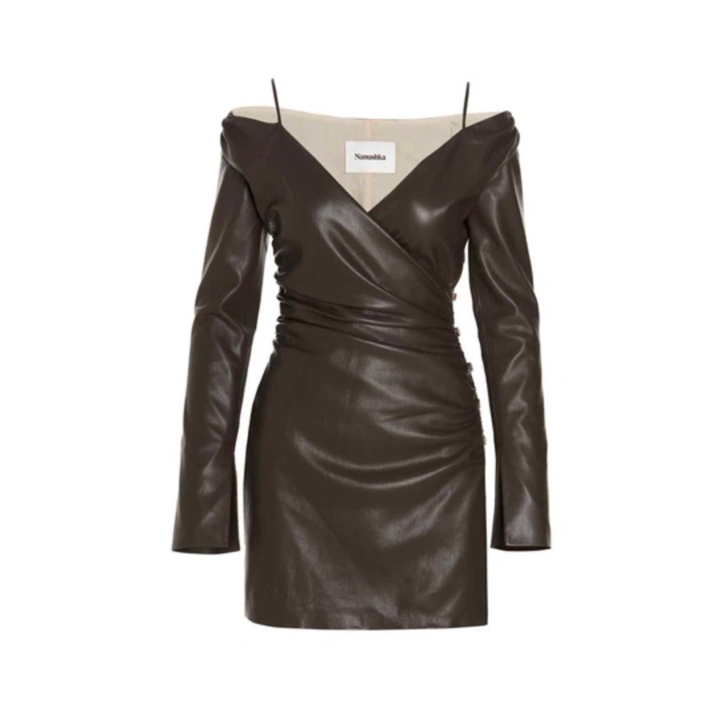 NANUSHKA Nanushka Moha Dress Faux Leather Wrap Brown Button Fit Mini V neck XS